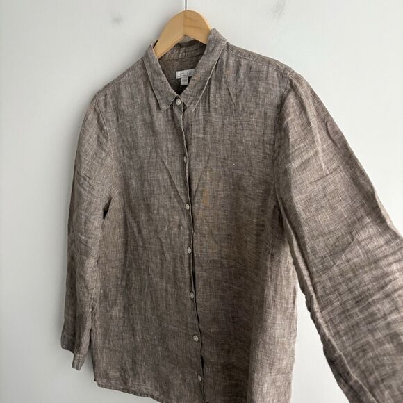 J Jill Love Linen Shirt Large Heather Brown Button Up Essential Shirt Long Slv - Picture 7 of 8